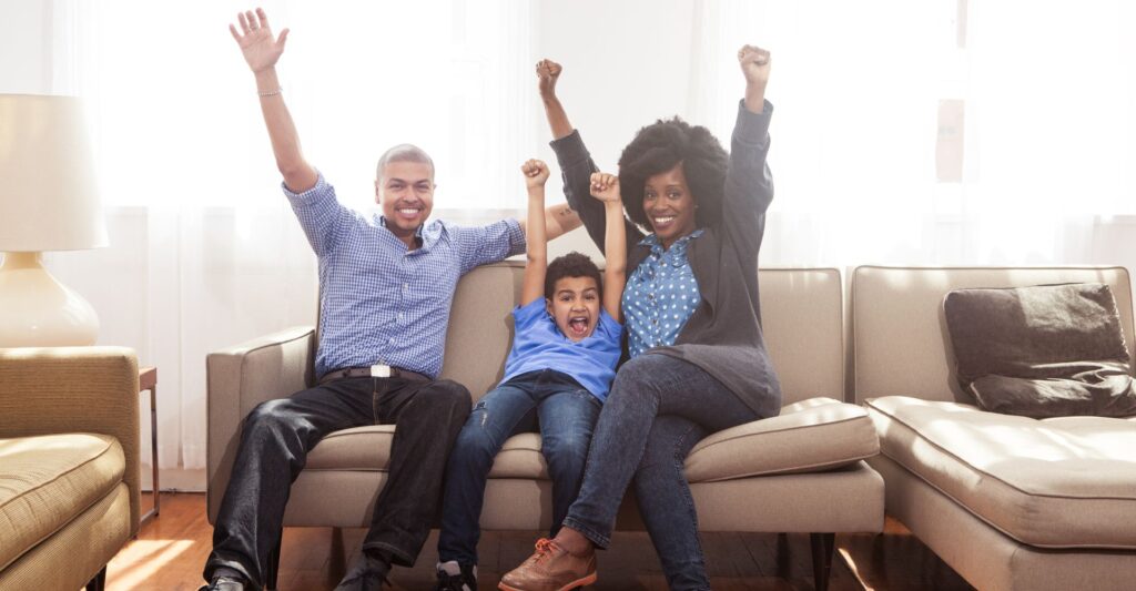 happy family on couch