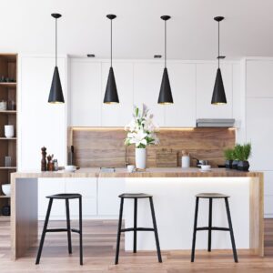 a modern kitchen with hanging lights