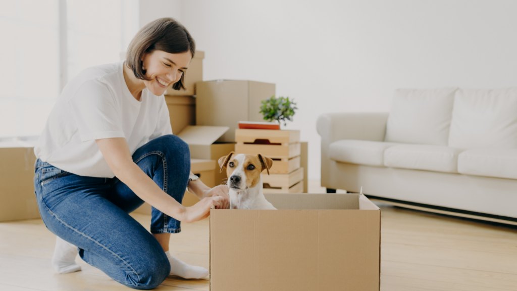 Woman petting a dog in a box.