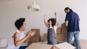 happy family unpacking