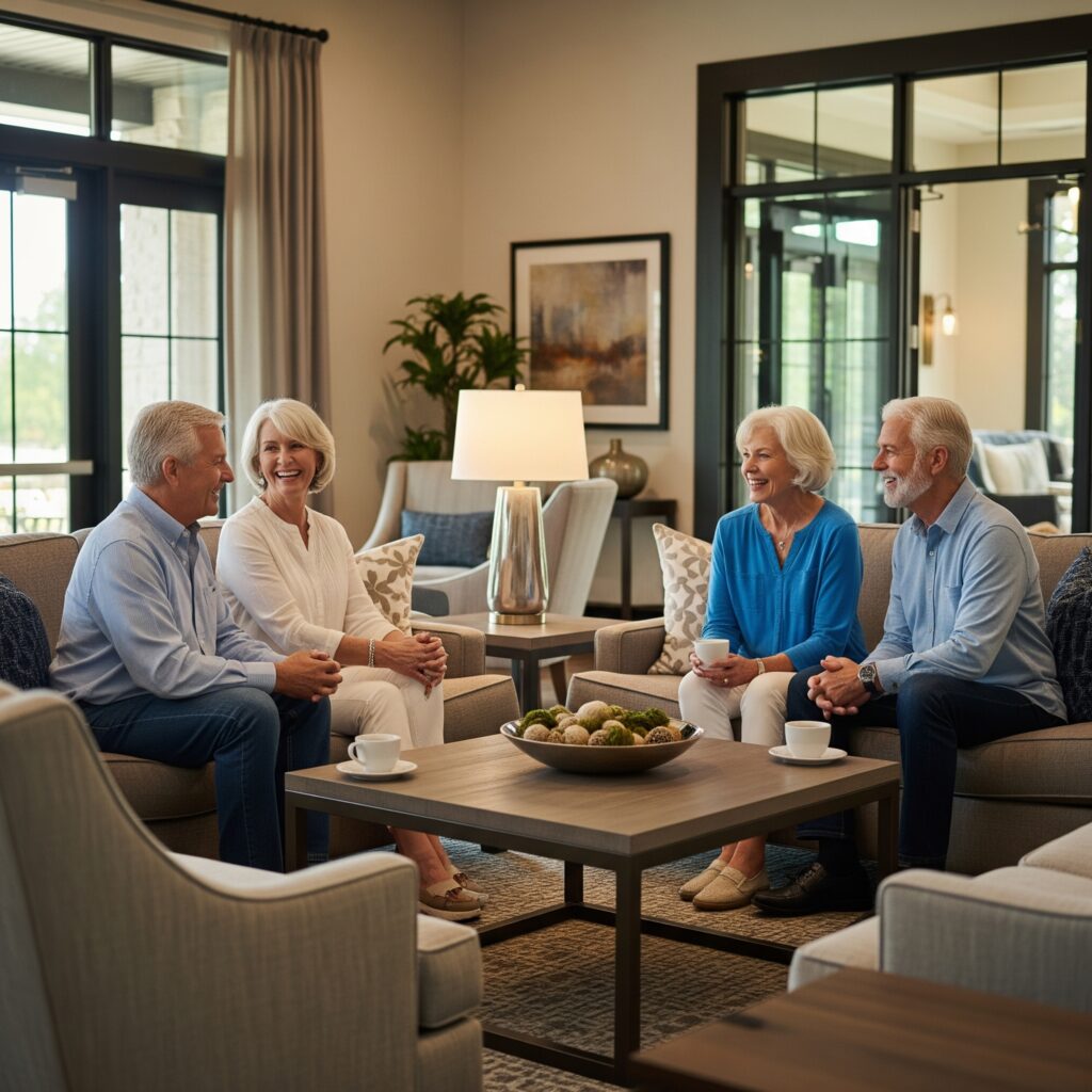 Residents relaxing and socializing in a modern apartment clubhouse.