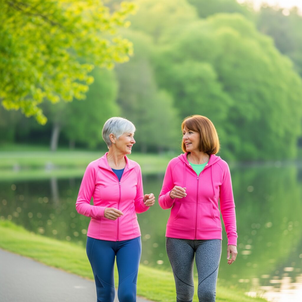 Two adults walking outside in a green park near a lake