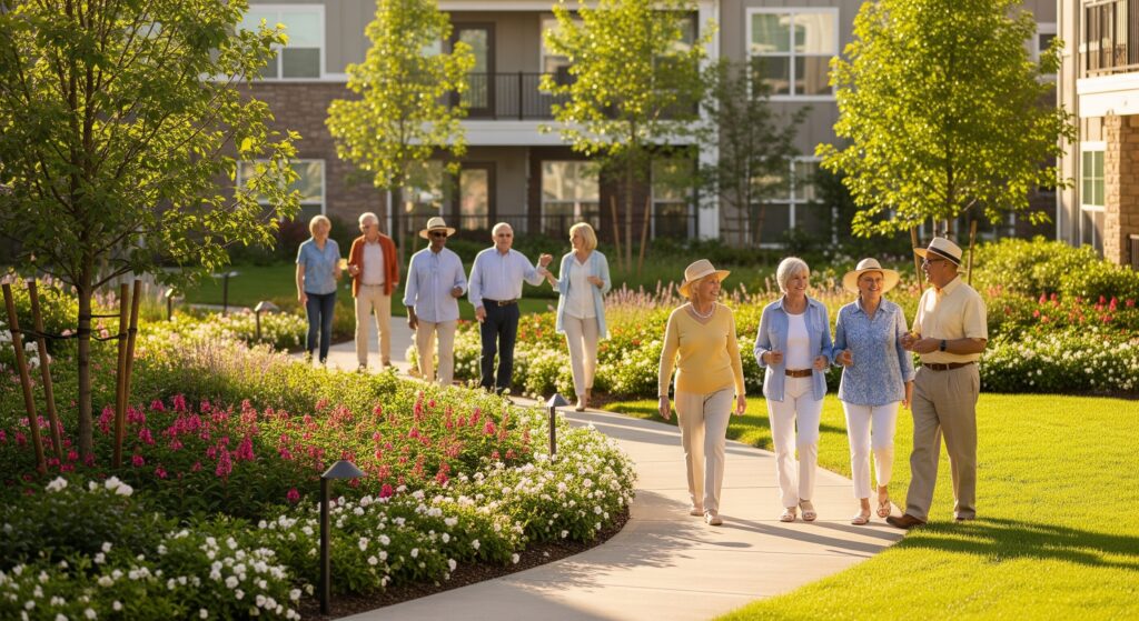 Diverse residents enjoying an outdoor community event at a luxury apartment complex.