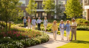 Diverse residents enjoying an outdoor community event at a luxury apartment complex.