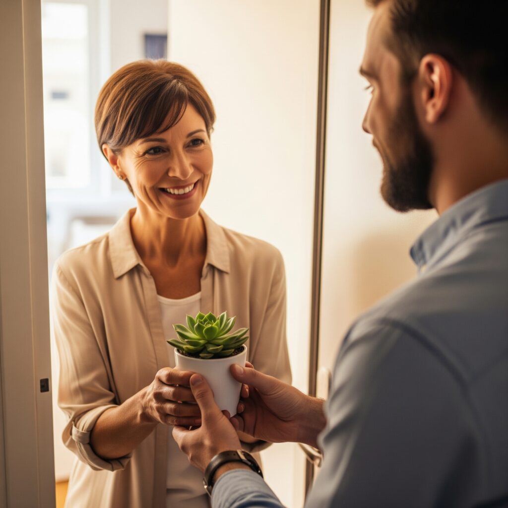 Apartment staff member warmly assisting a resident.