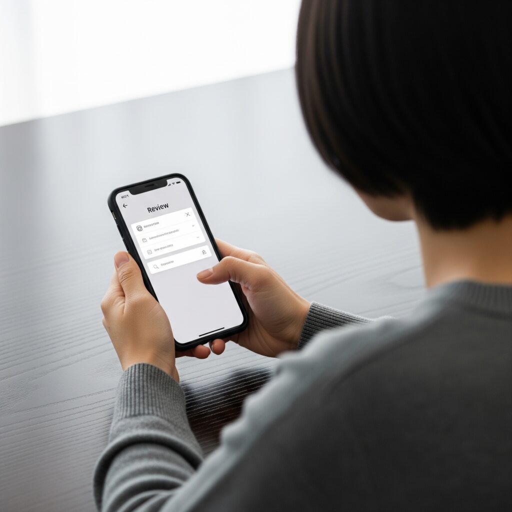 A person reading online reviews for top-rated apartments on their smartphone.