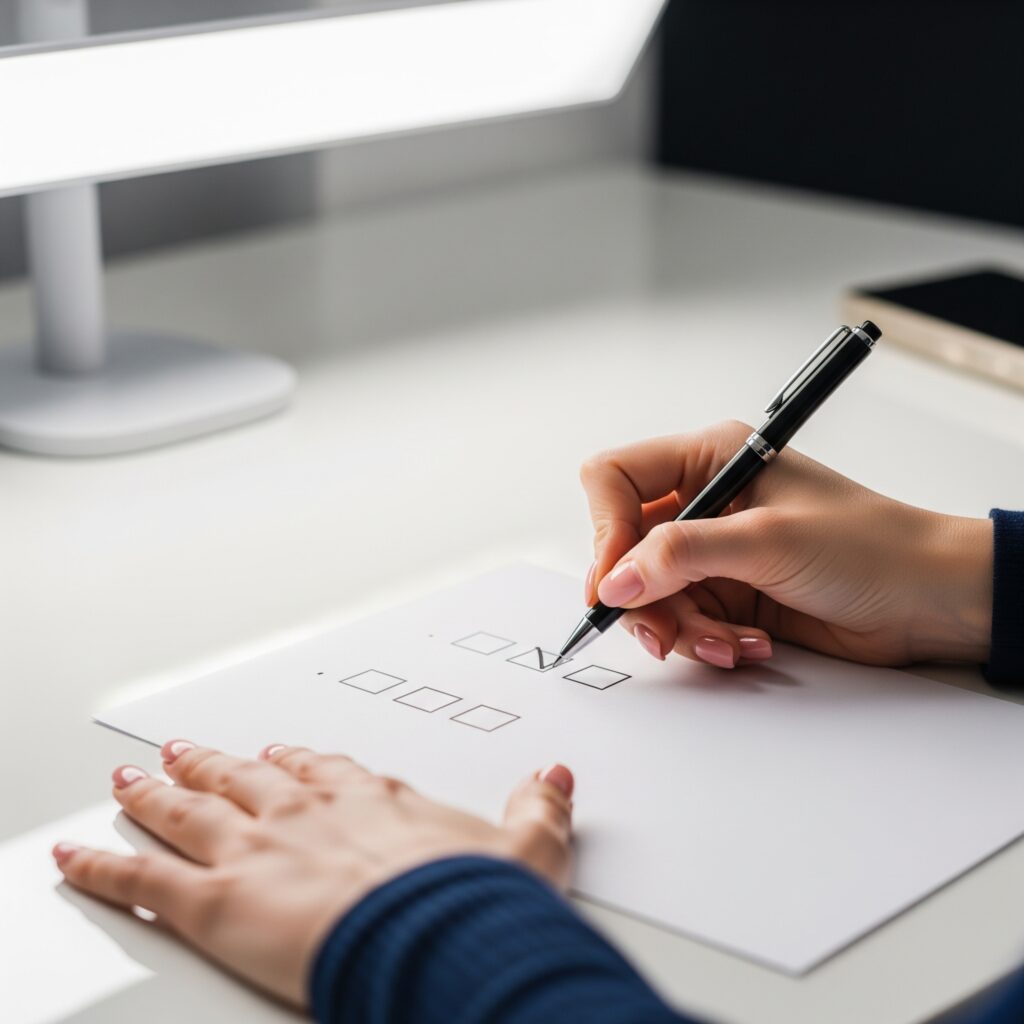 A person making a list of their apartment must-haves.