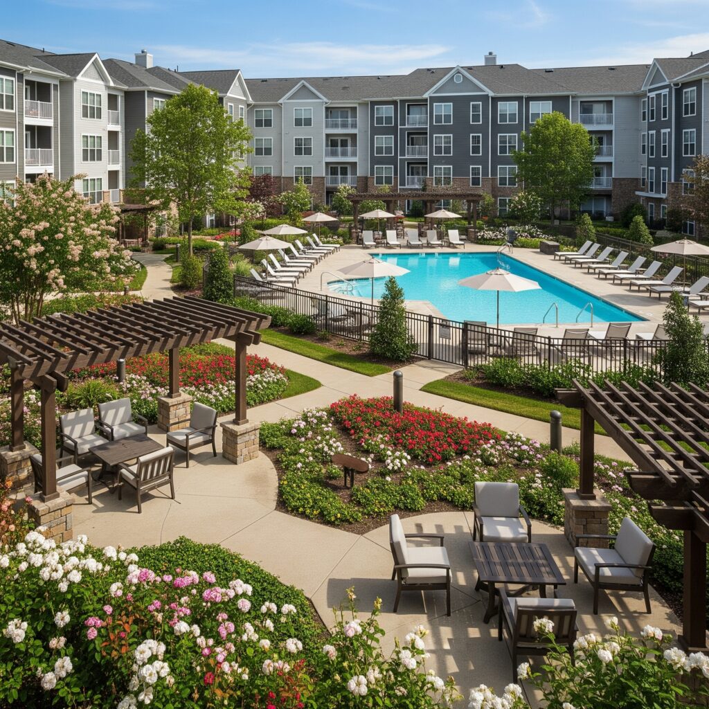 A welcoming community courtyard with amenities at a luxury apartment complex.