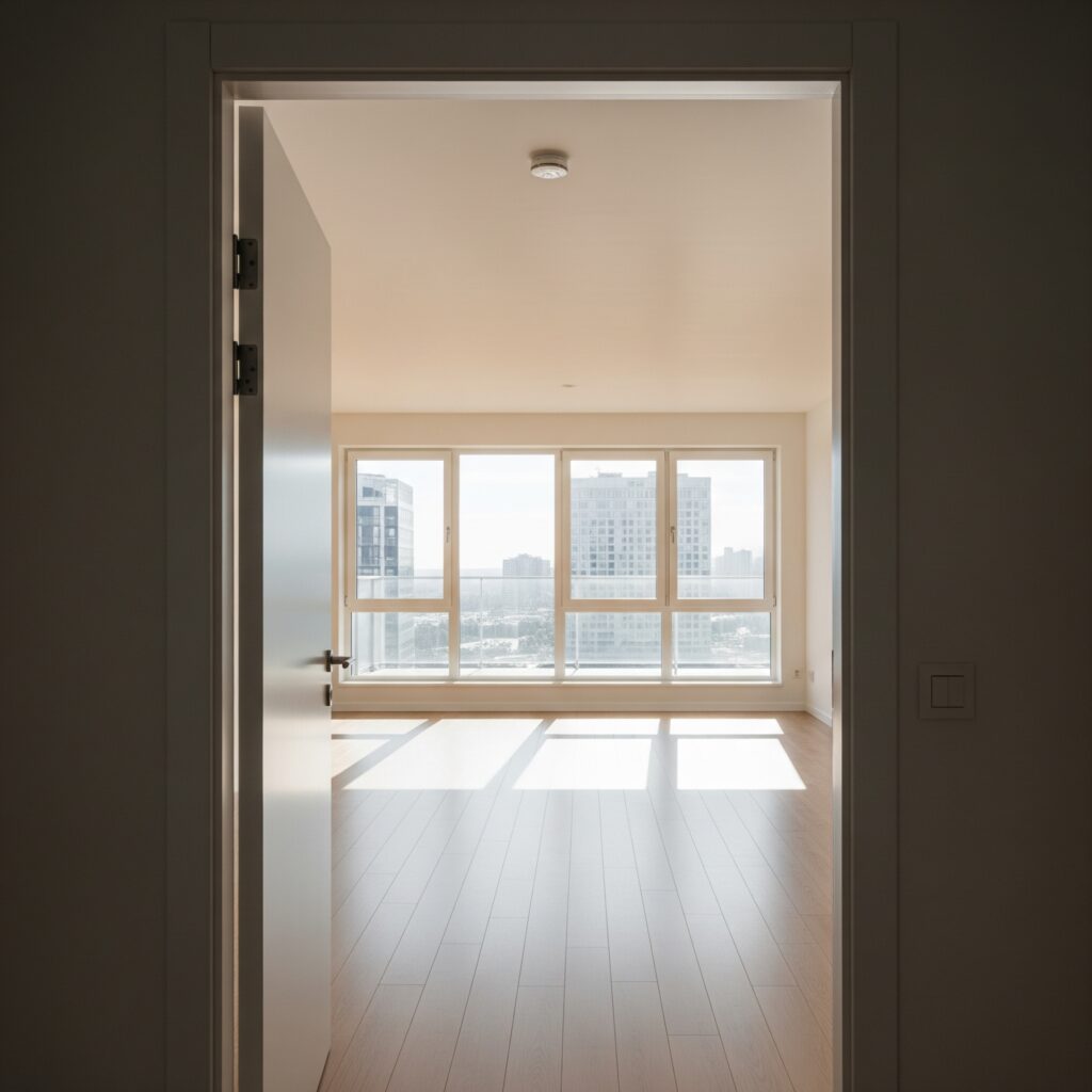 A bright and empty apartment living room, ready for an in-person tour.