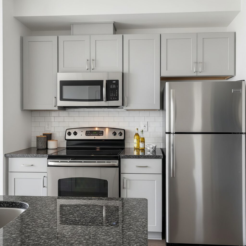 A modern apartment kitchen with stainless steel appliances and granite countertops.