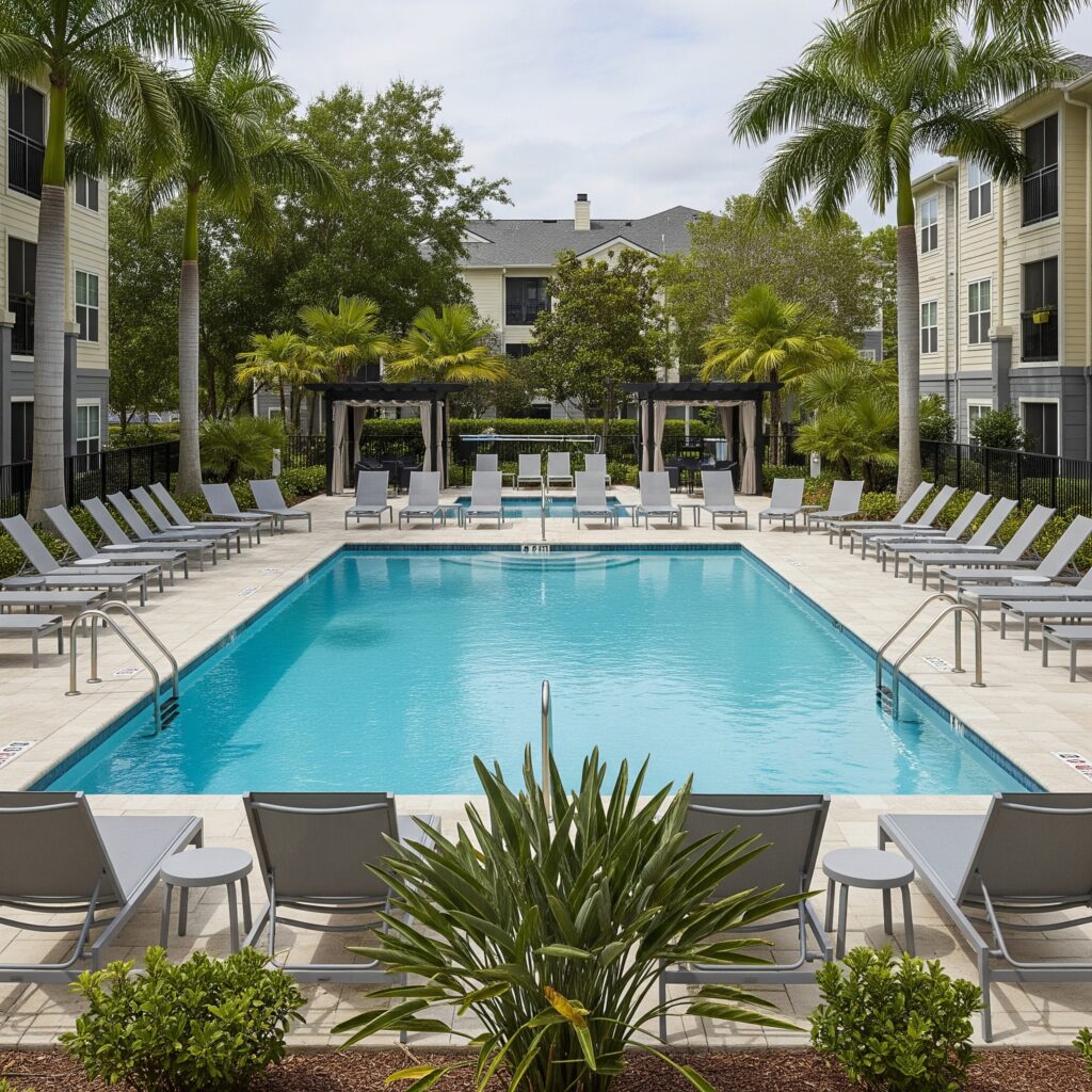A serene and luxurious resort-style swimming pool and sundeck.