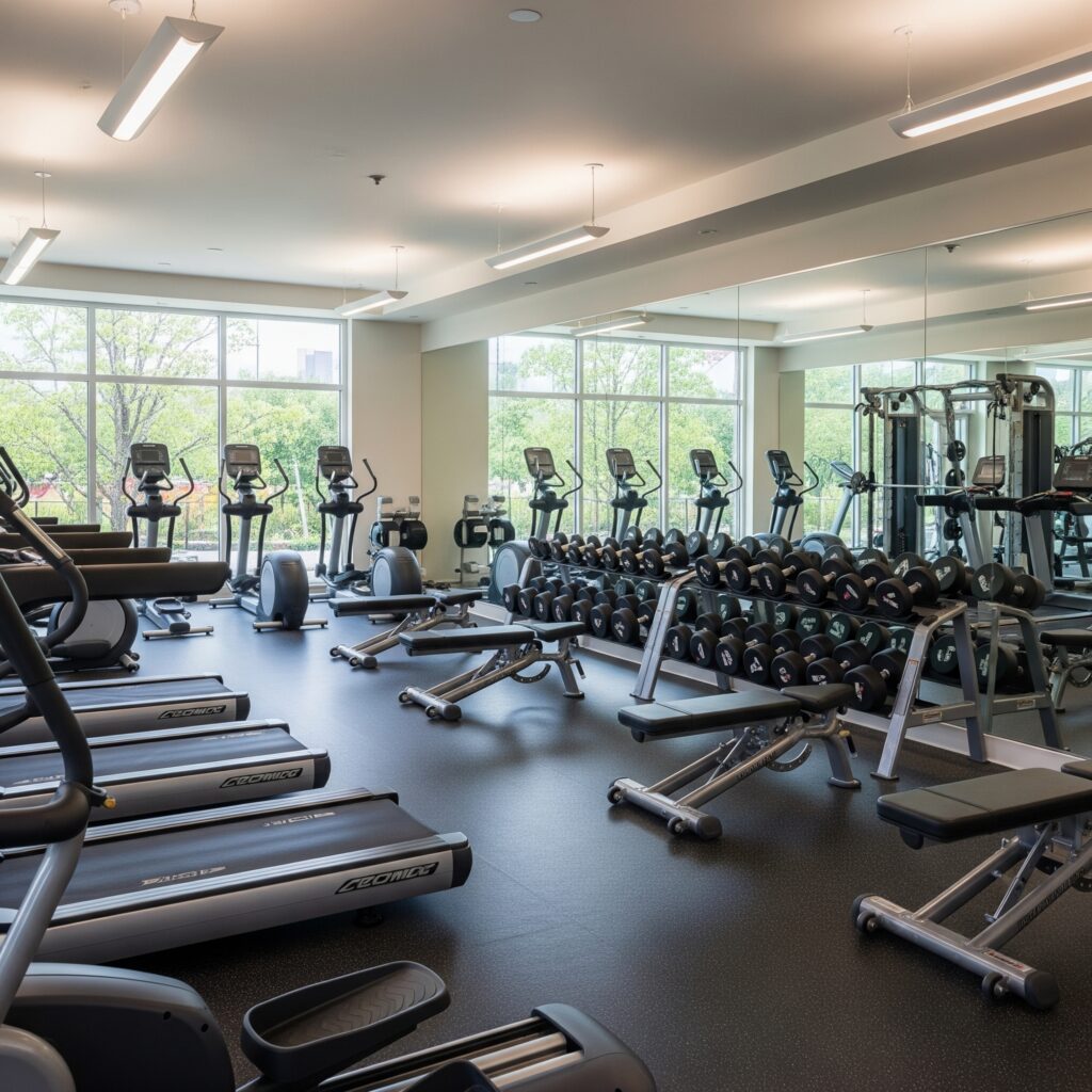 A well-equipped, modern fitness center with cardio and weight training equipment.