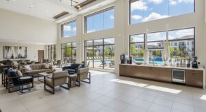 The modern and inviting clubhouse at an upscale apartment community.