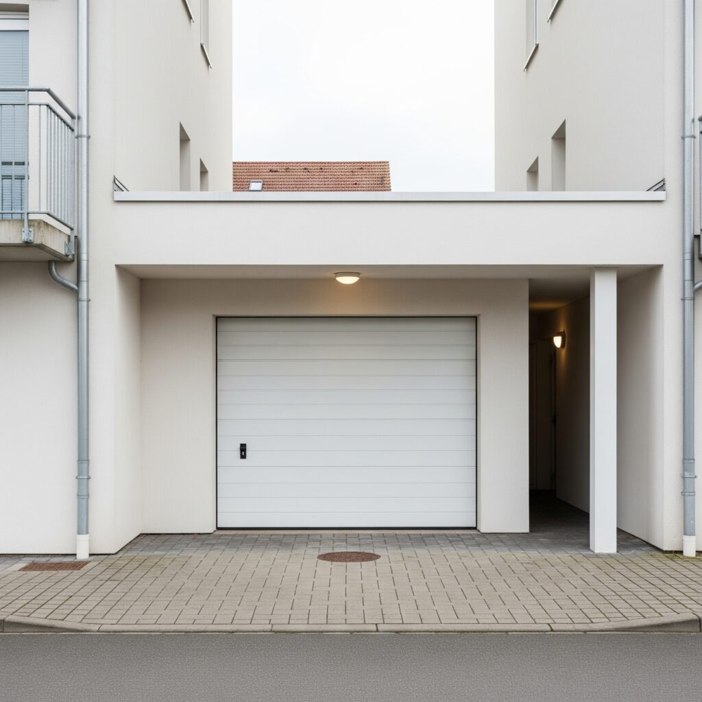 A clean and secure attached garage, representing a practical apartment amenity.