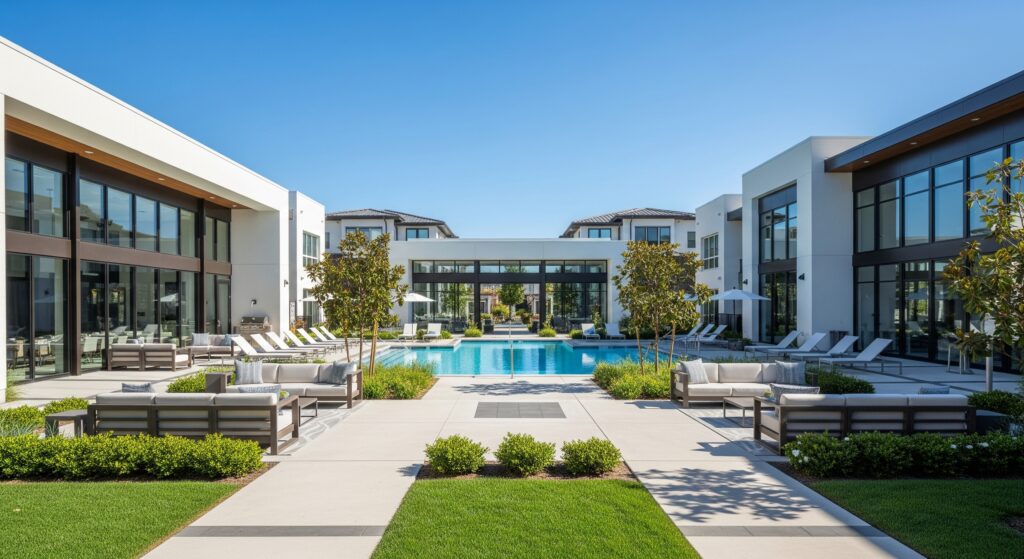 The luxurious resort-style saltwater swimming pool at The Lakes at West Chester, surrounded by lounge chairs.