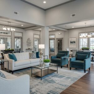 The elegantly designed resident clubhouse with comfortable and stylish seating.