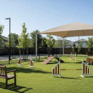 A sunny and spacious community bark park for residents' pets.