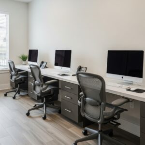 The quiet and modern resident cyber café with computer workstations.