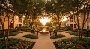 A beautifully lit community courtyard at dusk, representing community living.