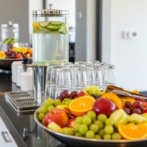 A refreshment station set up for a resident event in the clubhouse.