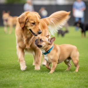 Two friendly dogs playing together in the community bark park.