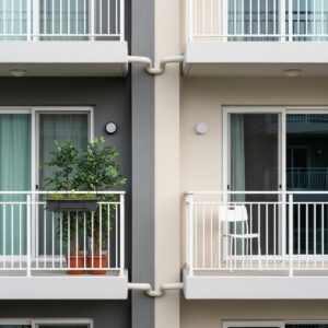 Two neat and quiet neighboring balconies, symbolizing a respectful community.