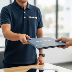 A staff member handing a welcome packet to a new resident.