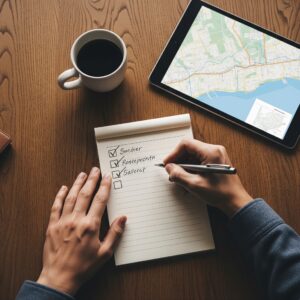 A person making an apartment hunting checklist on a notepad.