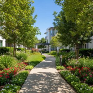 A serene walking path within a beautiful apartment community.