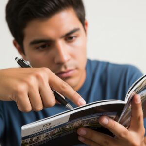 A person carefully reviewing an apartment community brochure and asking questions.