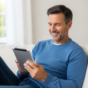 A prospective resident smiling while reading positive online reviews for an apartment.