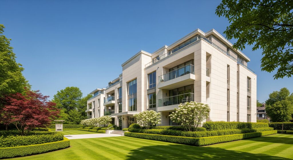 The beautiful exterior of The Lakes at West Chester luxury apartment buildings.
