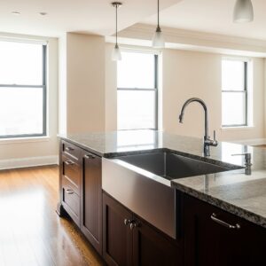 A modern kitchen with granite countertops and stainless steel appliances.