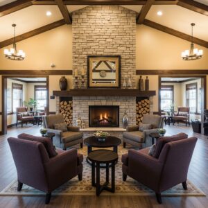 The warm and inviting resident clubhouse with a fireplace.