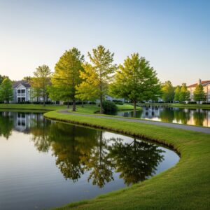 The serene lake and walking trails at The Lakes at West Chester.