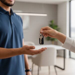 A resident receiving the keys to their new luxury apartment.