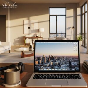 laptop set up on top of desk with window view