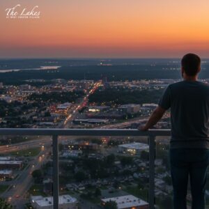 Person on balcony looking at skyline