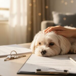 Close-up of a hand petting a dog while reviewing a document.