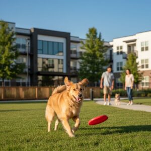 Happy dog running in a designated fenced-in dog area