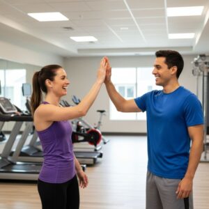 Two smiling residents high-fiving in the community fitness center