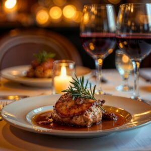 fine dining with steak and wine